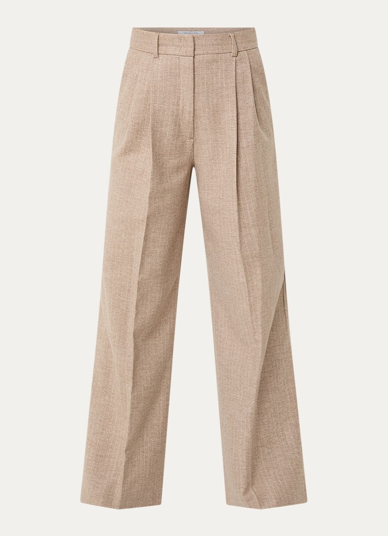 Gerard Darel Dames Coline high waist straight fit pantalon in wolblend met krijtstreep in de kleur Donkerbeige