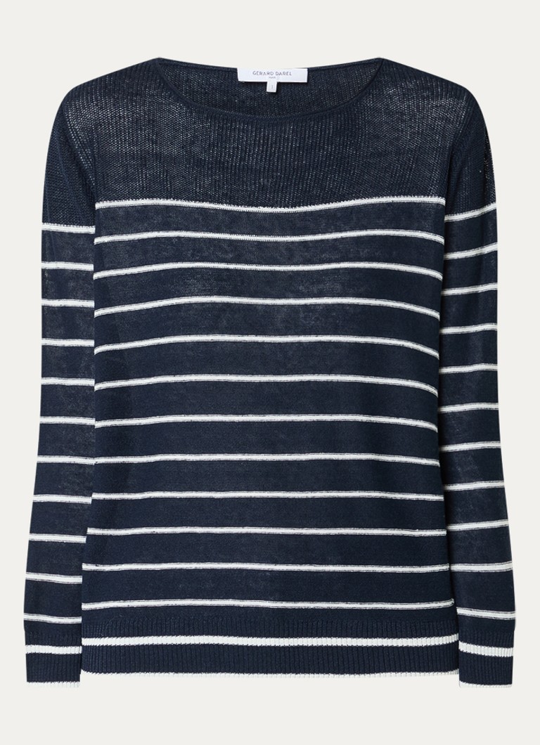 Gerard Darel Dames Levia fijgebreide pullover in linnenblend met streepprint in de kleur Donkerblauw