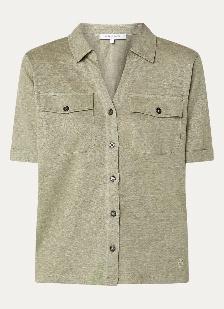 Gerard Darel Dames Moana blouse van linnen met borstzakken in de kleur Olijfgroen