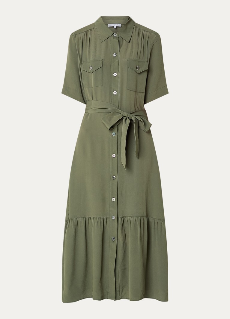 Gerard Darel Dames Raina midi blousejurk met borstzakken en strikceintuur in de kleur Olijfgroen
