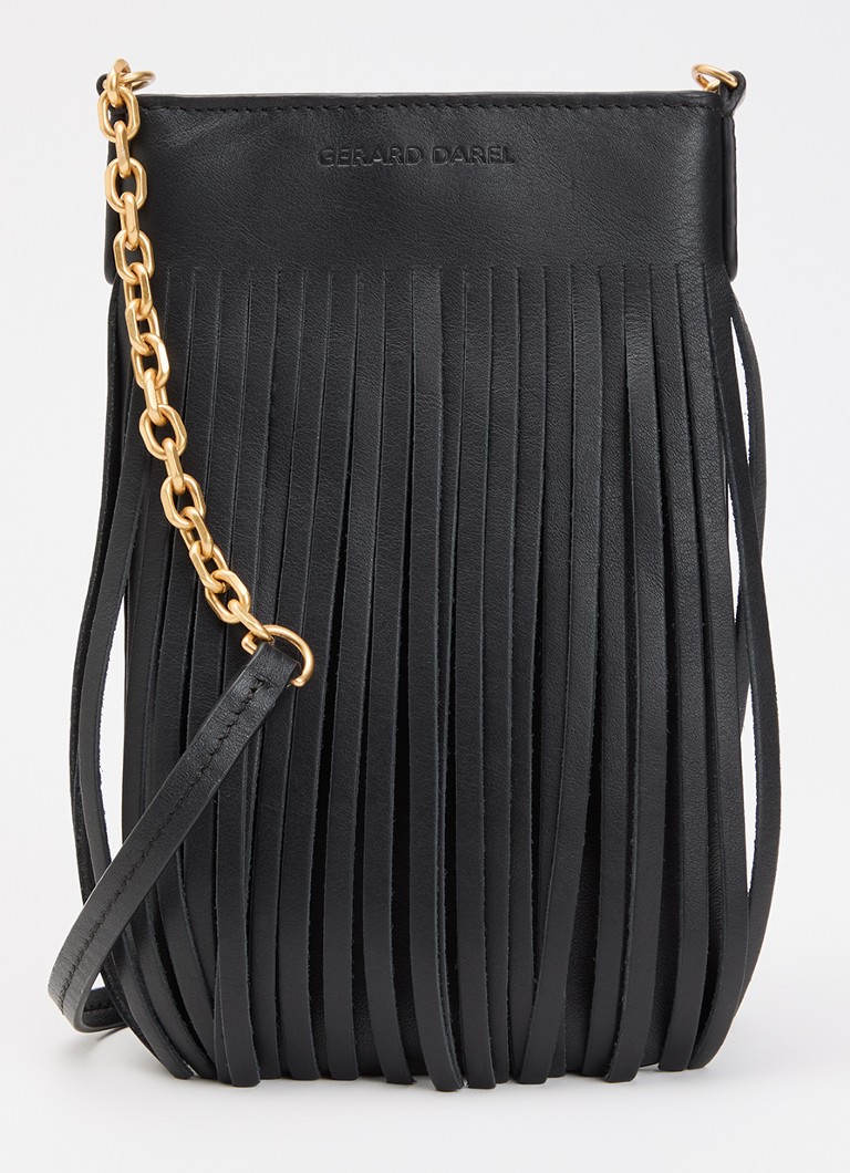 Gerard Darel Dames Charlotte schoudertas van leer met franjes in de kleur Zwart