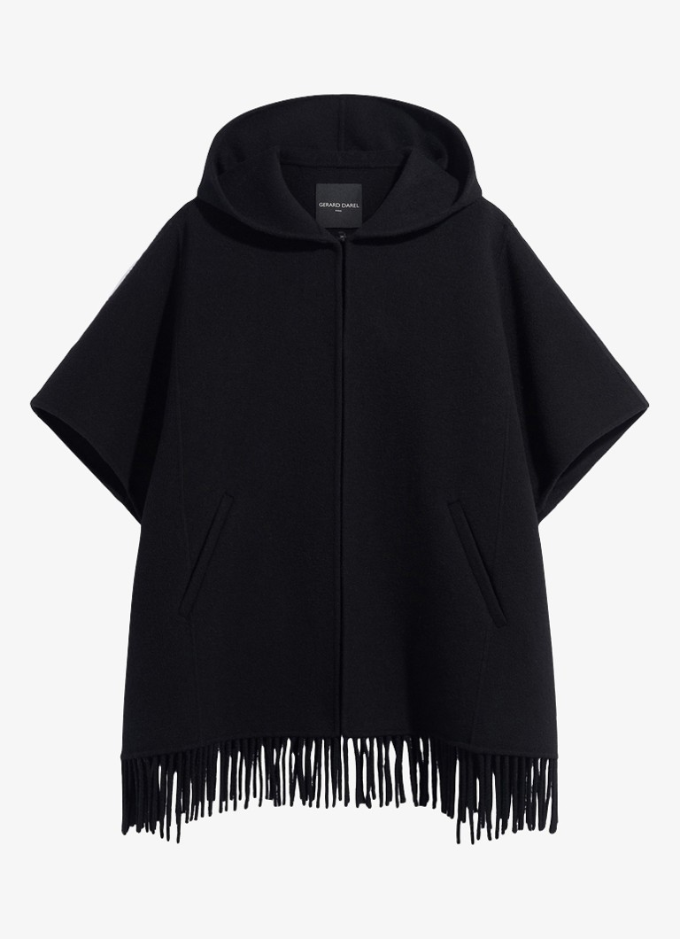 Gerard Darel Dames Ady cape in wolblend met franjes in de kleur Zwart