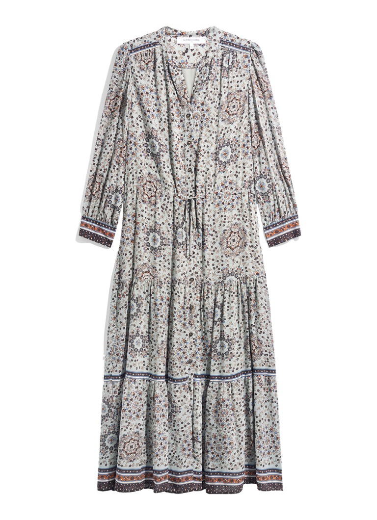 Gerard Darel Dames Cyril maxi jurk met bloemenprint en strikceintuur in de kleur Blauwgrijs