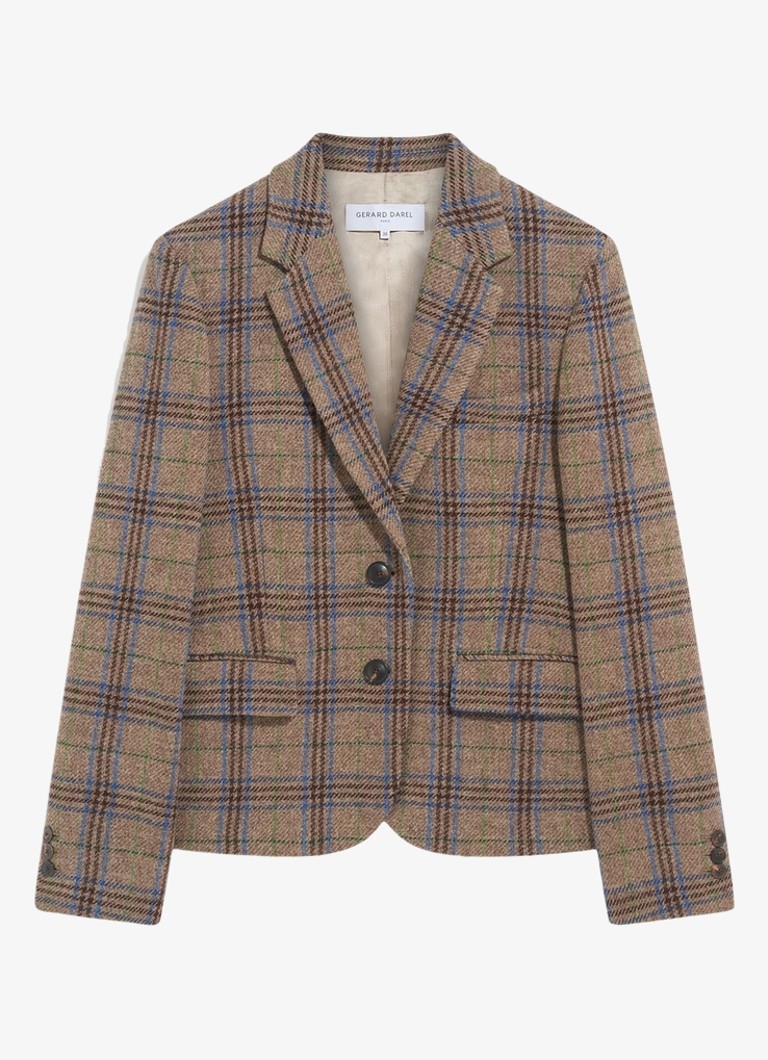 Gerard Darel Dames Juliane single breasted blazer van scheerwol met ruit dessin in de kleur Camel