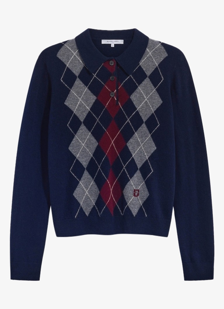Gerard Darel Dames Rema fijngebreide trui van wol met polokraag en ruitdessin in de kleur Blauw