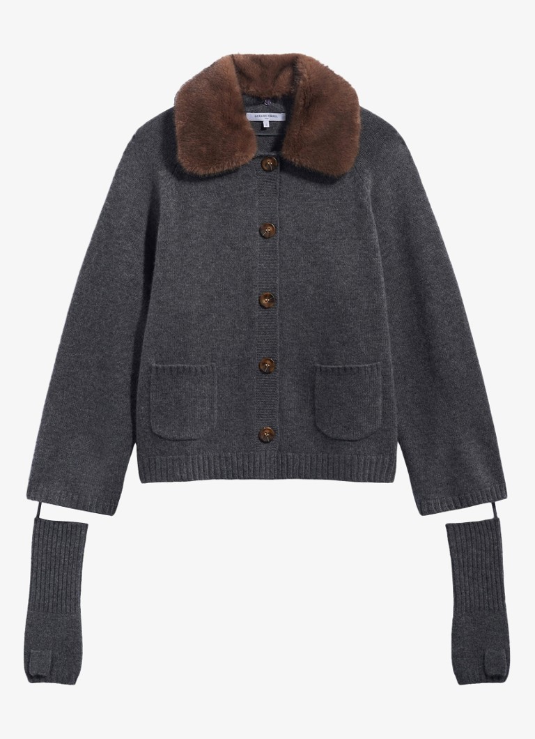 Gerard Darel Dames Rhiza vest van kasjmier met kraag en vingerloze handschoenen in de kleur Grijsmele