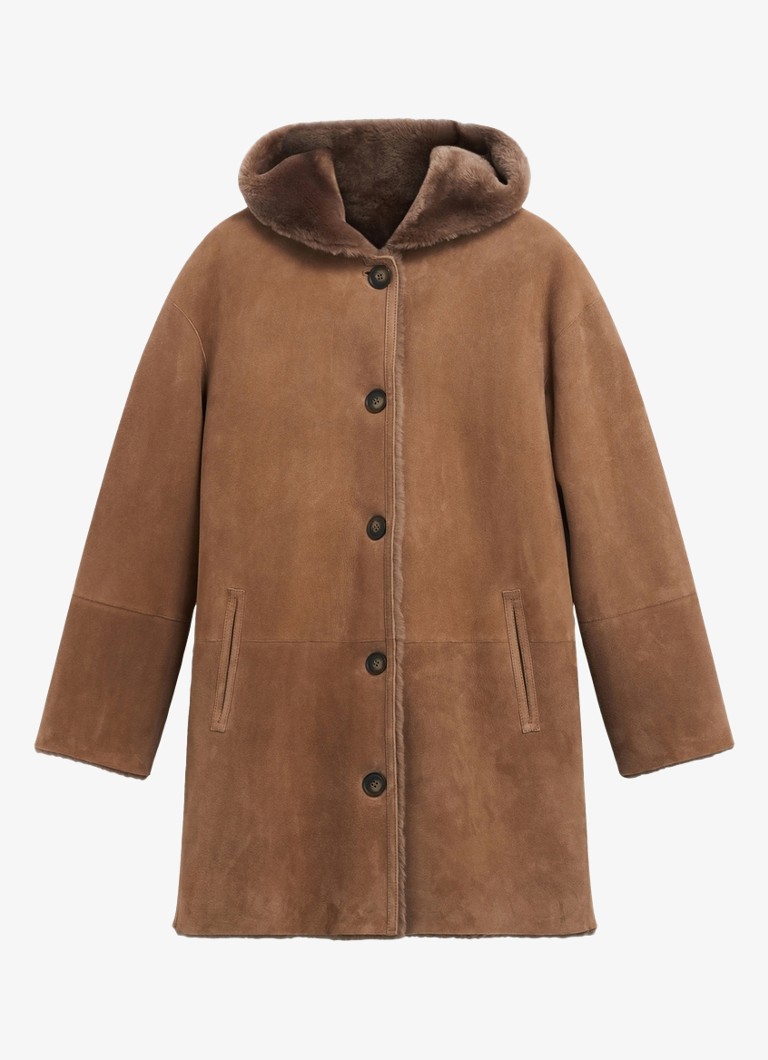 Gerard Darel Dames Flora reversible lammy coat van leer met capuchon in de kleur Lichtbruin
