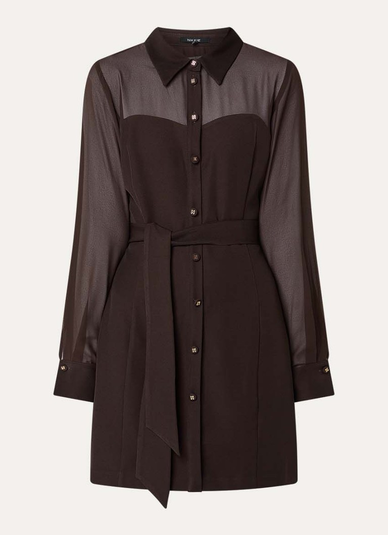 NIKKIE Dames Olarisa mini blousejurk met strikceintuur in de kleur Donkerbruin