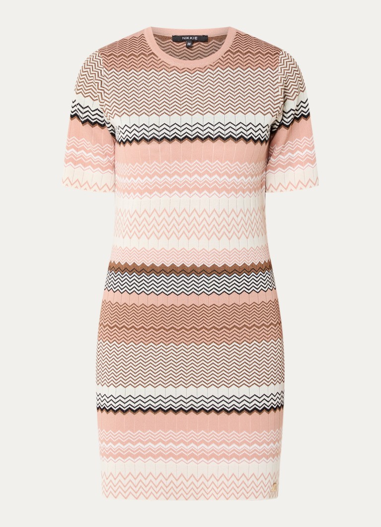 NIKKIE Dames Pilazio fijngebreide mini jurk met grafische print in de kleur Zalmroze