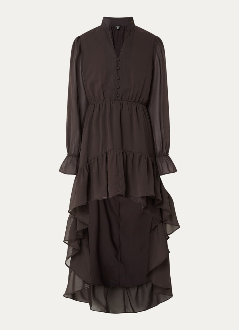 NIKKIE Dames Aylin mini blousejurk met volant en v-hals in de kleur Chocoladebruin