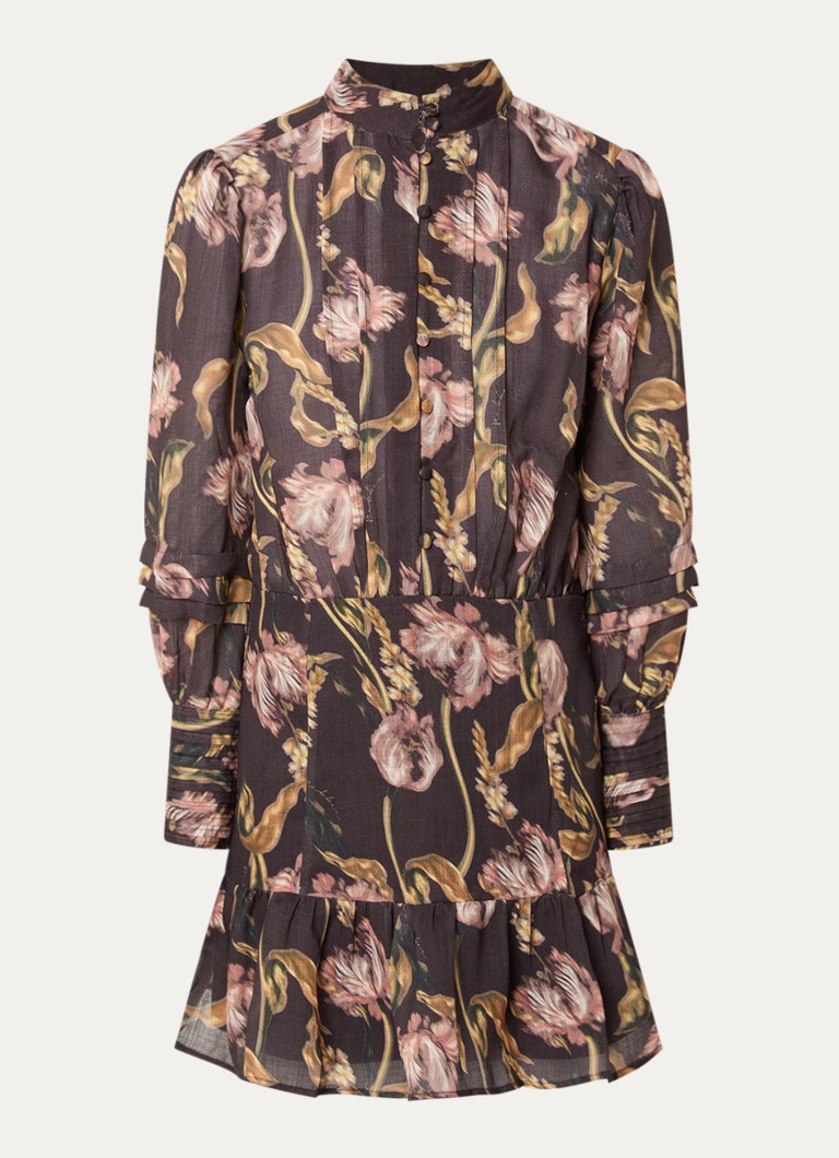 NIKKIE Dames Apillone mini blouse jurk met boemenprint en volant in de kleur Chocoladebruin
