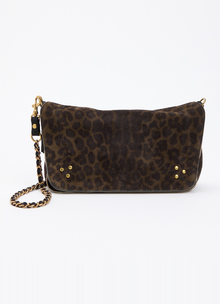 Jérôme Dreyfuss Dames Bobi S crossbodytas van kalfssuède met panterprint in de kleur Donkerkhaki, maat: 1SZ