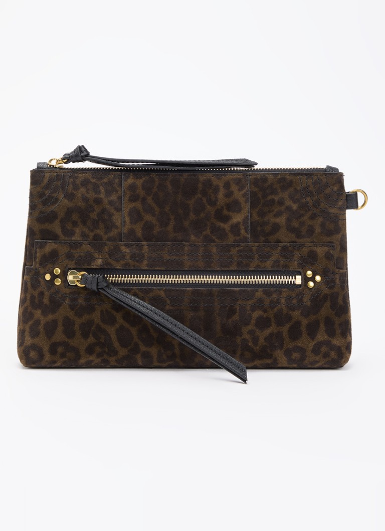 Jérôme Dreyfuss Dames Lucky clutch van kalfssuède met panterprint in de kleur Donkerkhaki, maat: 1SZ