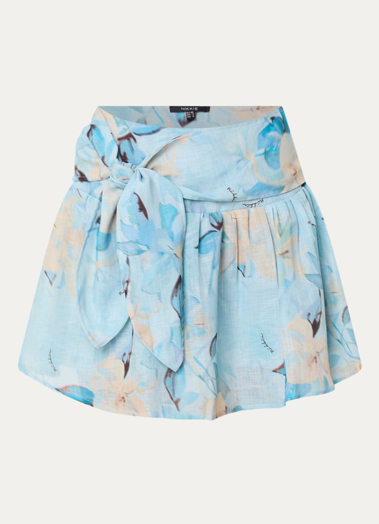 NIKKIE Dames Avalon midi plooirok met bloemenprint en geknoopt detail in de kleur Lichtblauw