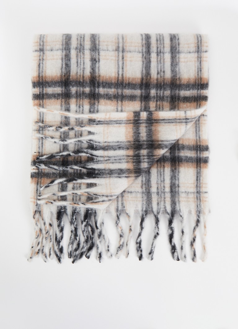 GUESS Dames Sjaal in wolblend met ruitdessin en franjes 175 x 40 cm in de kleur Gebroken wit, maat: 1SZ