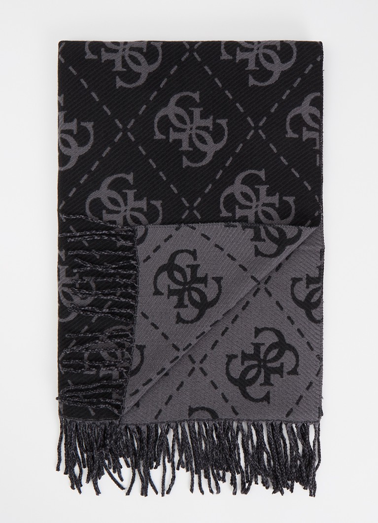 GUESS Dames Sjaal met logoprint en franjes 190 x 70 cm in de kleur Zwart, maat: 1SZ