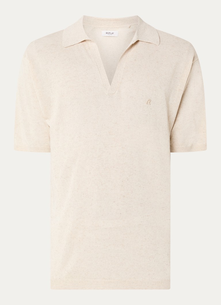 Replay Heren Regular fit polo in linnenblend met gemêleerd dessin in de kleur Creme, maat: L