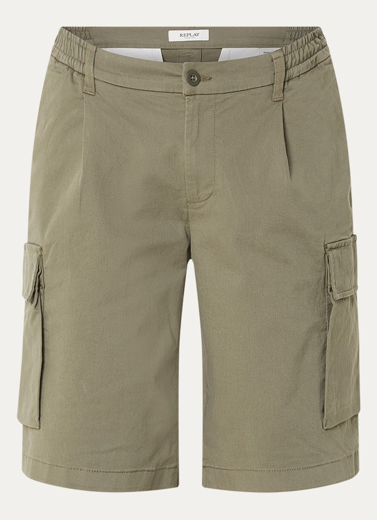 Replay Heren Wide fit korte cargobroek met klepzakken in de kleur Olijfgroen, maat: 34