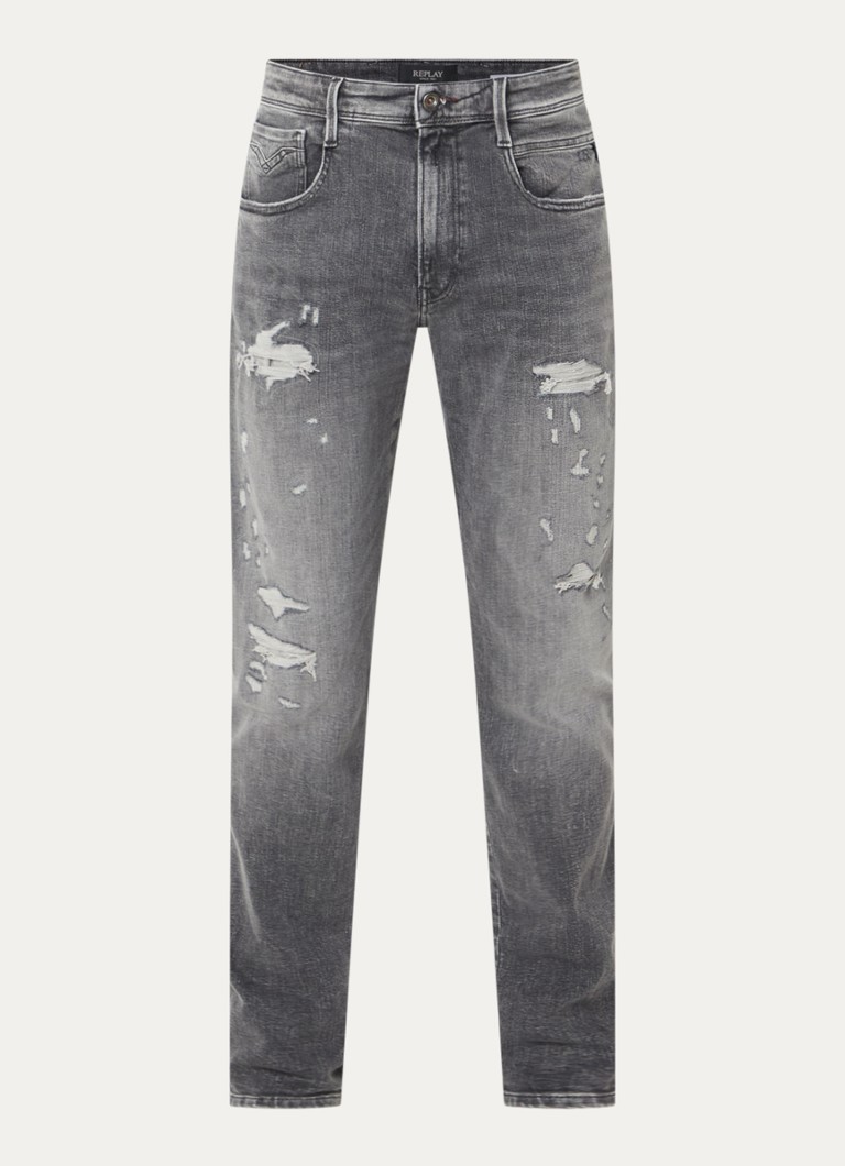 Replay Heren Anbass slim fit jeans met destroyed afwerking in de kleur Grijs, maat: W32/L32