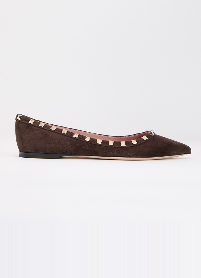 Valentino Garavani Dames Rockstud ballerina van suède met studs in de kleur Donkerbruin, maat: 39