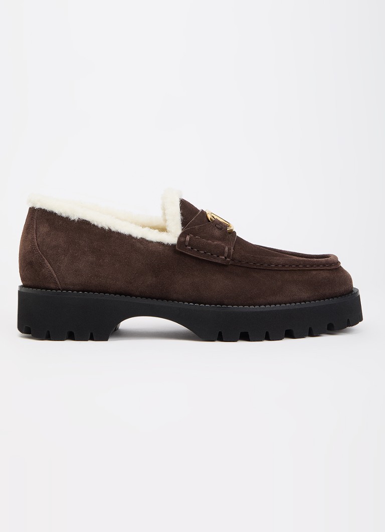 Valentino Garavani Dames VLogo loafer van suède met schapenvacht in de kleur Donkerbruin, maat: 37