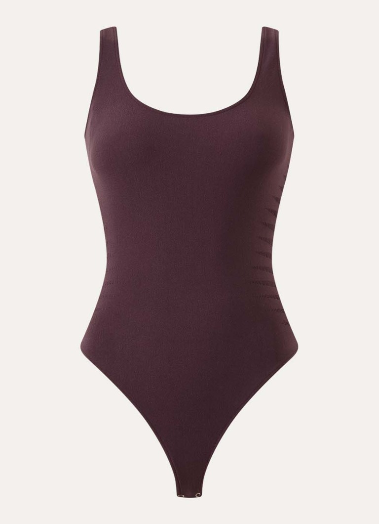 Wolford Dames Slash stringbody met opengewerkt dessin in de kleur Aubergine