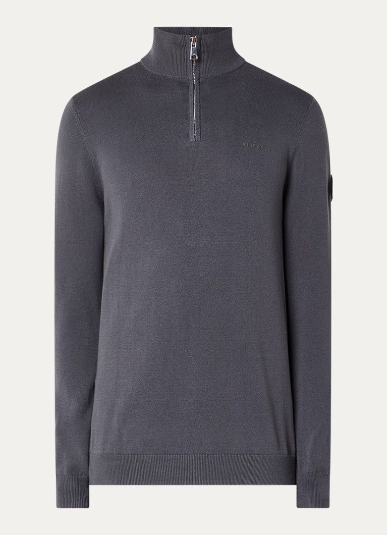 Airforce Heren Fijngebreide pullover met halve rits en logo in de kleur Donkergrijs, maat: S