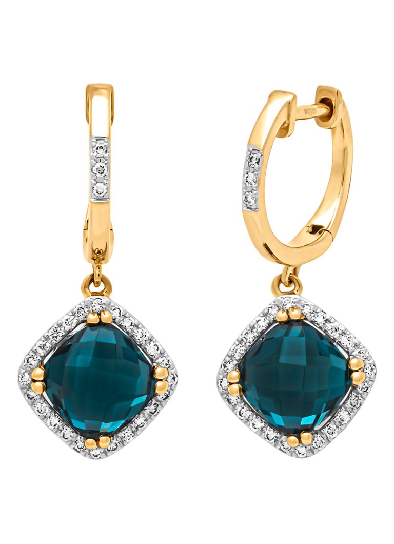 Diamond Point Dames Geelgouden oorsieraden, 2.21 ct london topaas, Fiësta in de kleur Blauw