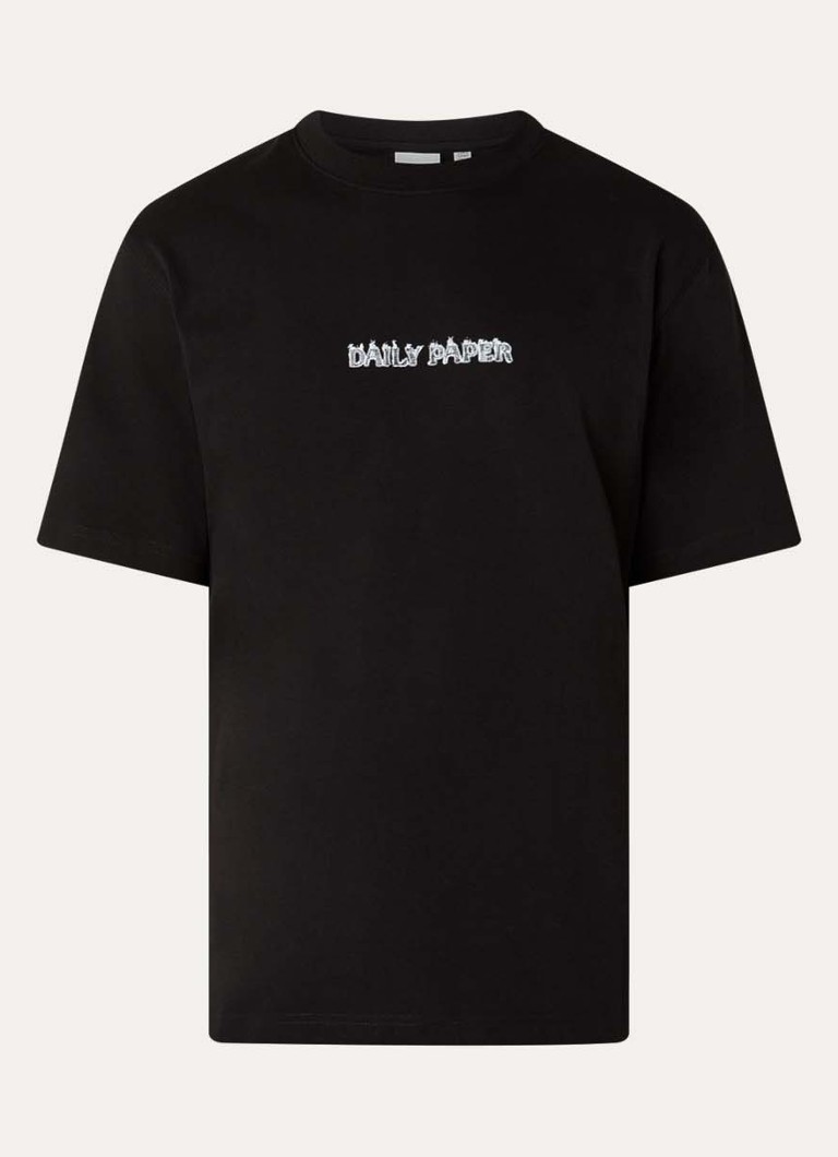 Daily Paper Heren Burned Shield T-shirt met logo- en backprint in de kleur Zwart, maat: S