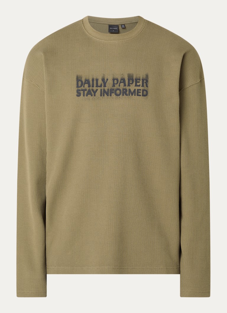 Daily Paper Heren Waffle Stay longsleeve met logoprint in de kleur Mosgroen, maat: S