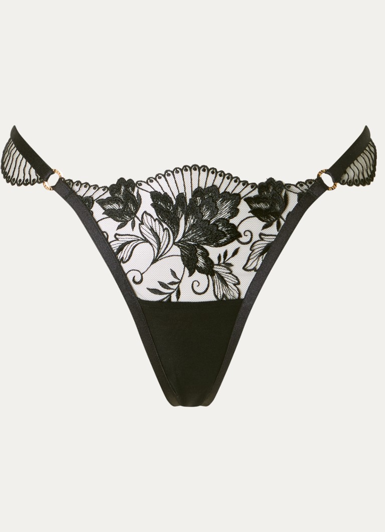 Bluebella Dames Gabriella tanga van mesh met borduring in de kleur Zwart, maat: 42