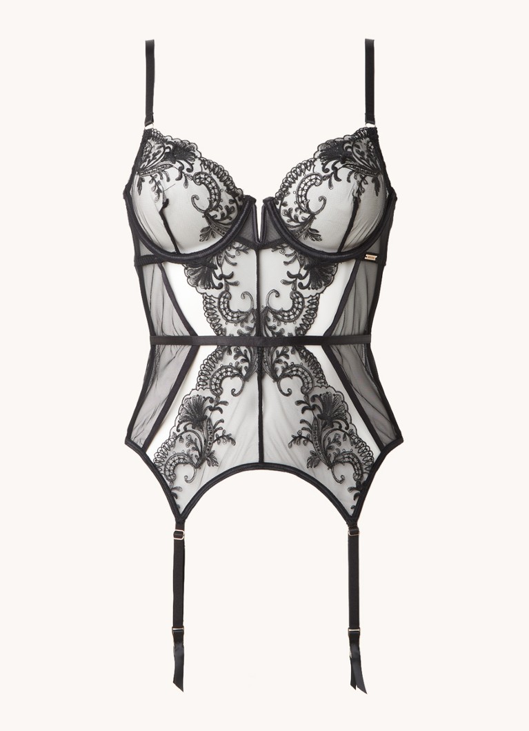 Bluebella Dames Marseille bustier van mesh met beugel en jarretels in de kleur Zwart, maat: D80