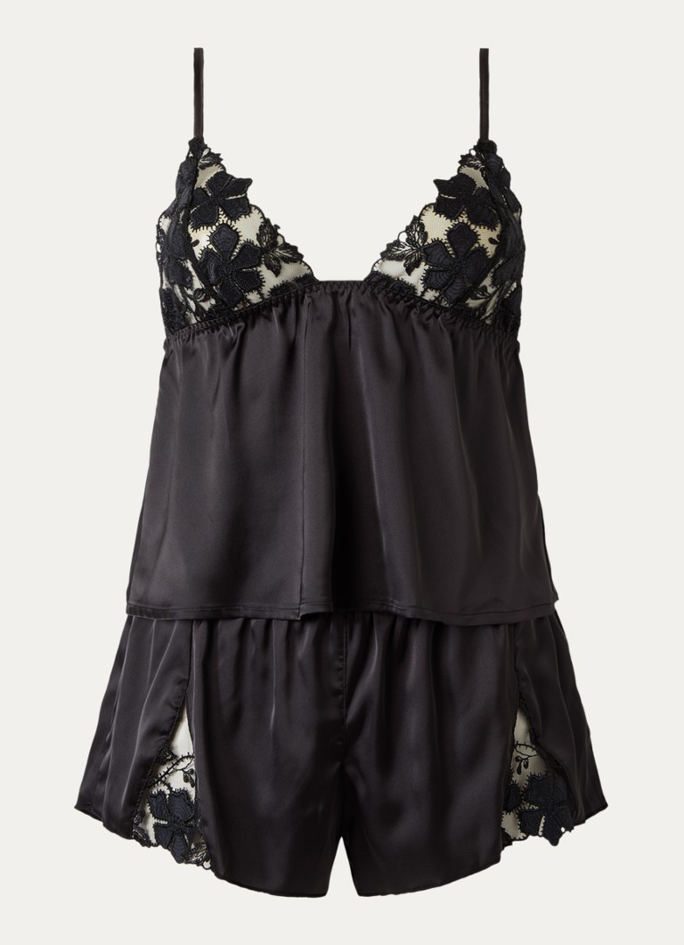 Bluebella Dames Alara pyjamaset van satijn met mesh en borduring in de kleur Zwart, maat: 38