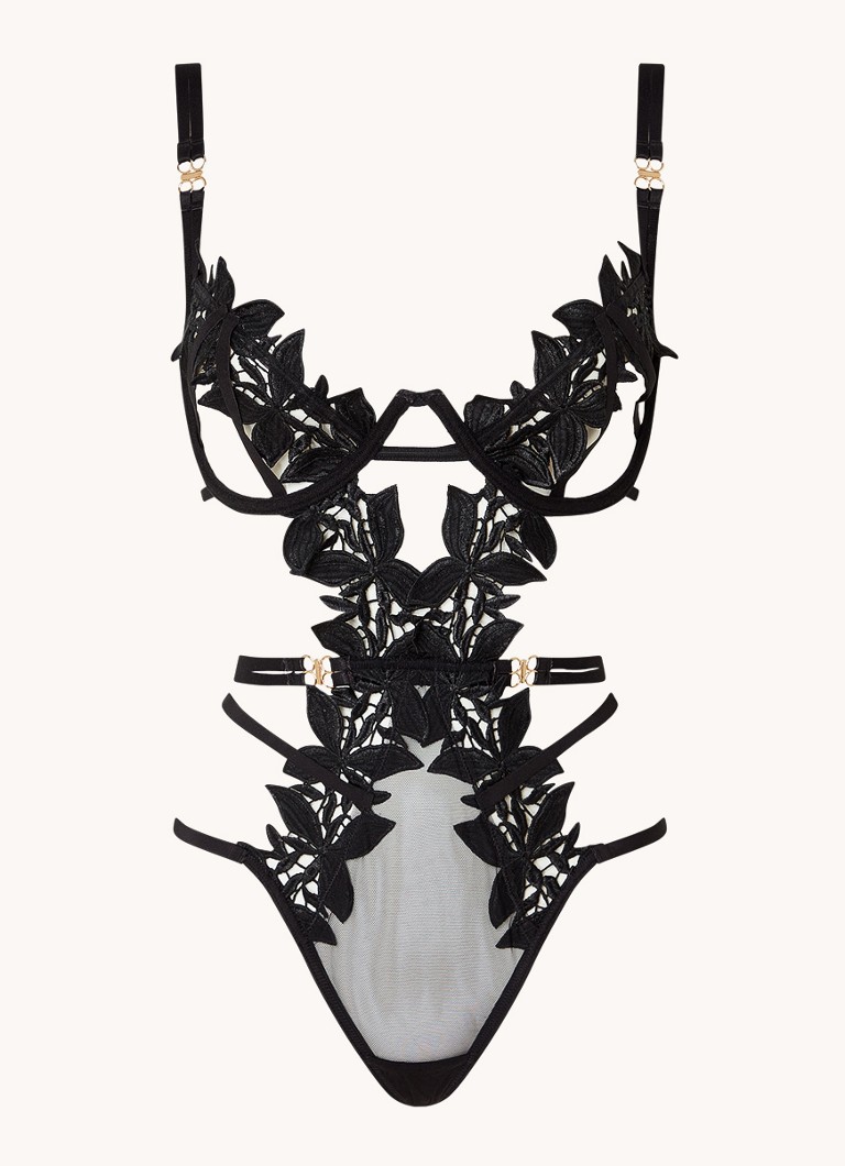 Bluebella Dames Ophelia stringbody met bloemborduring in de kleur Zwart, maat: D75