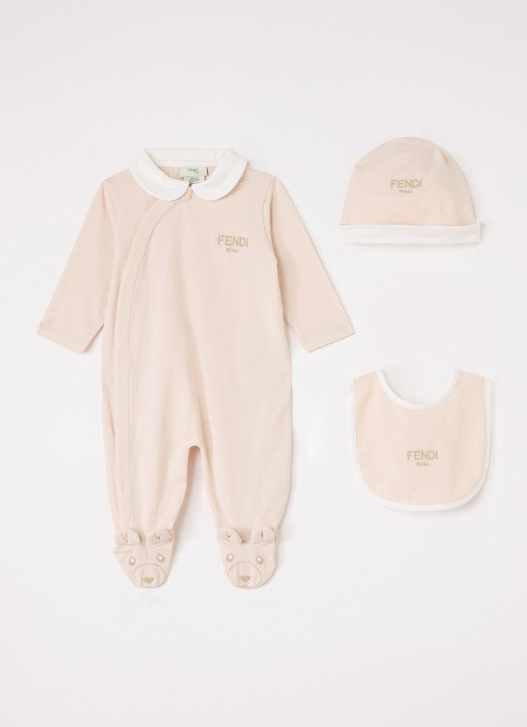 Fendi Jongens Set van babypak met muts en slab in giftbox 3-delig in de kleur Oudroze, maat: 6M=68