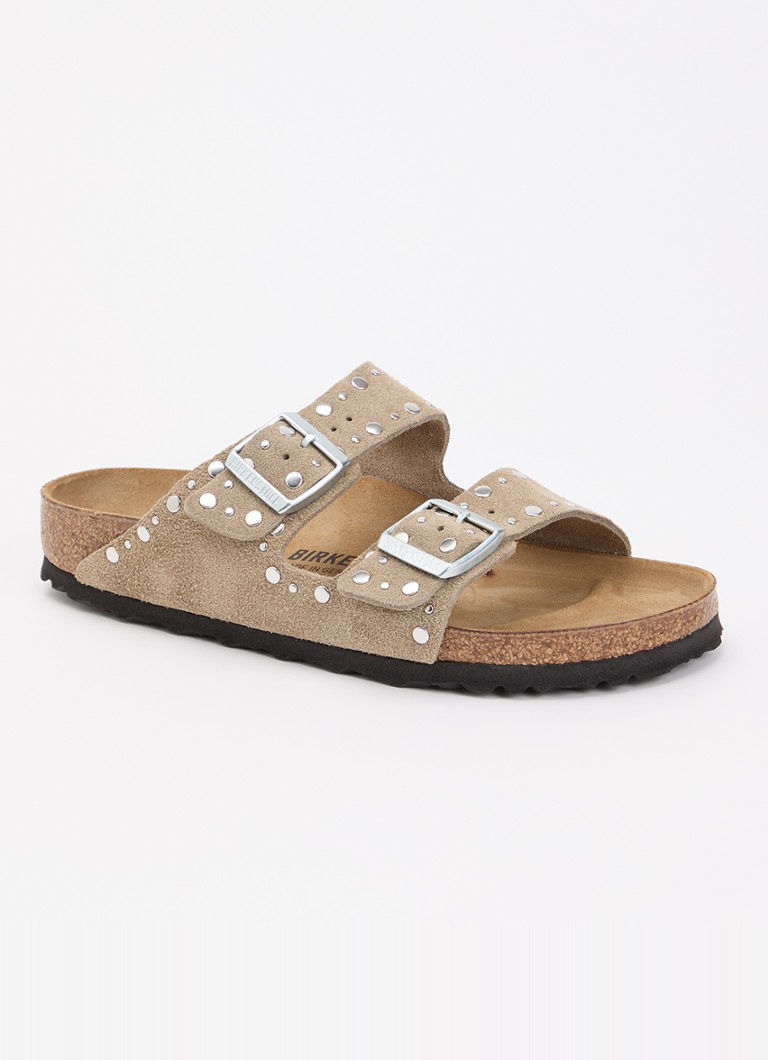 Birkenstock Dames Arizona Rivet slipper van suède met studs in de kleur Khaki, maat: 37