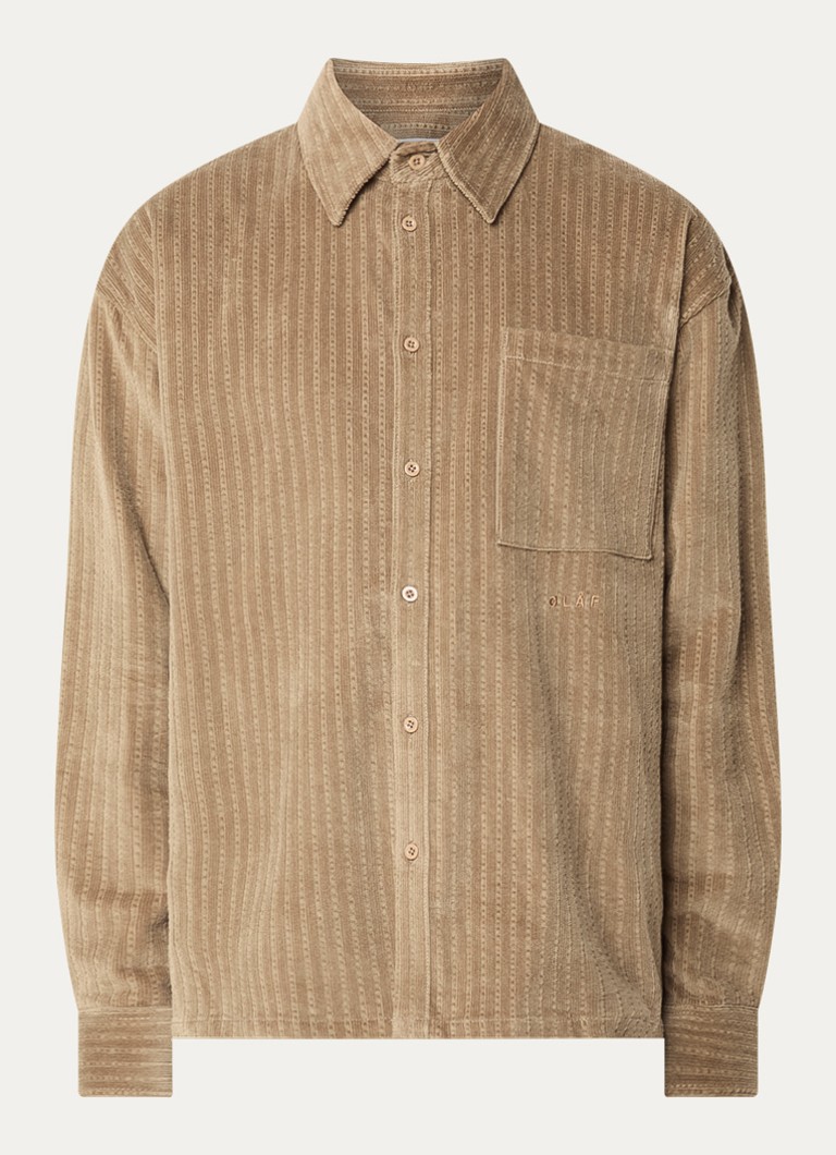OLAF Heren Regular fit overhemd van corduroy met borstzak in de kleur Khaki, maat: XL