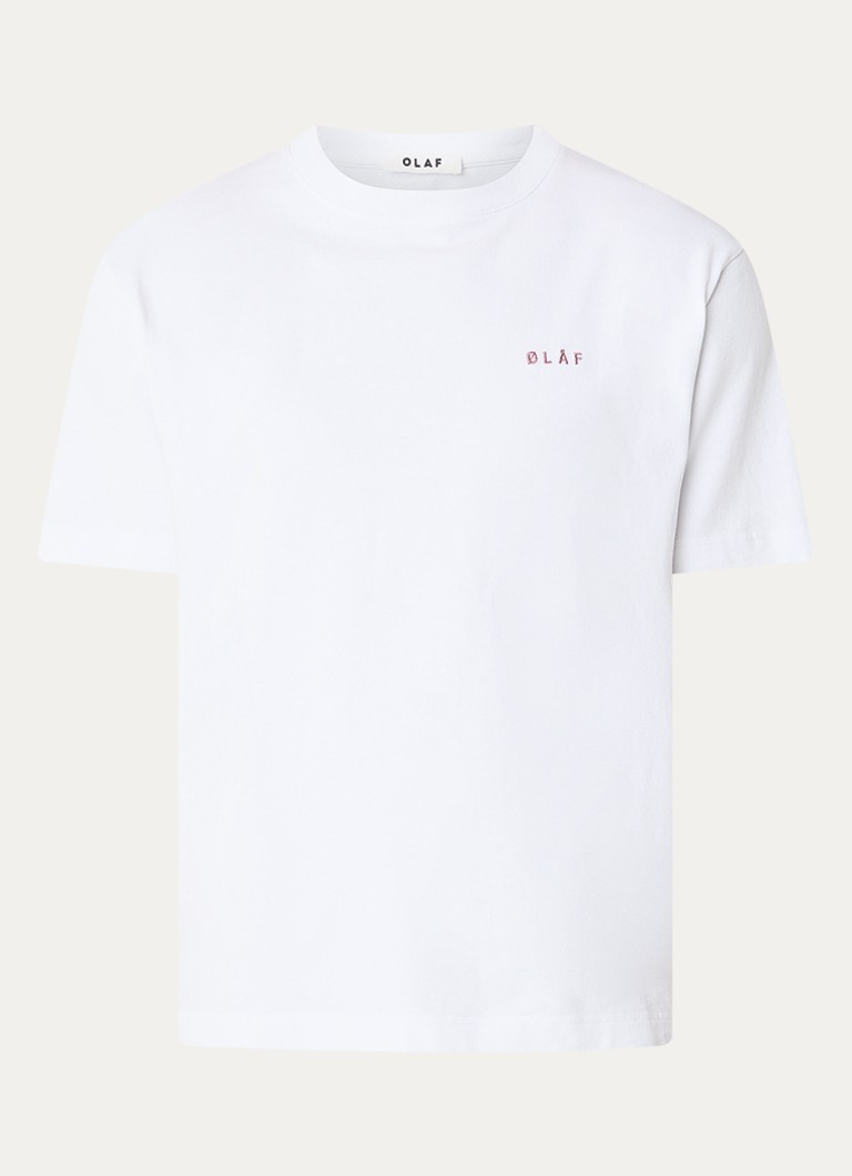 OLAF Heren Brushstroke T-shirt met logo- en backprint in de kleur Wit, maat: S