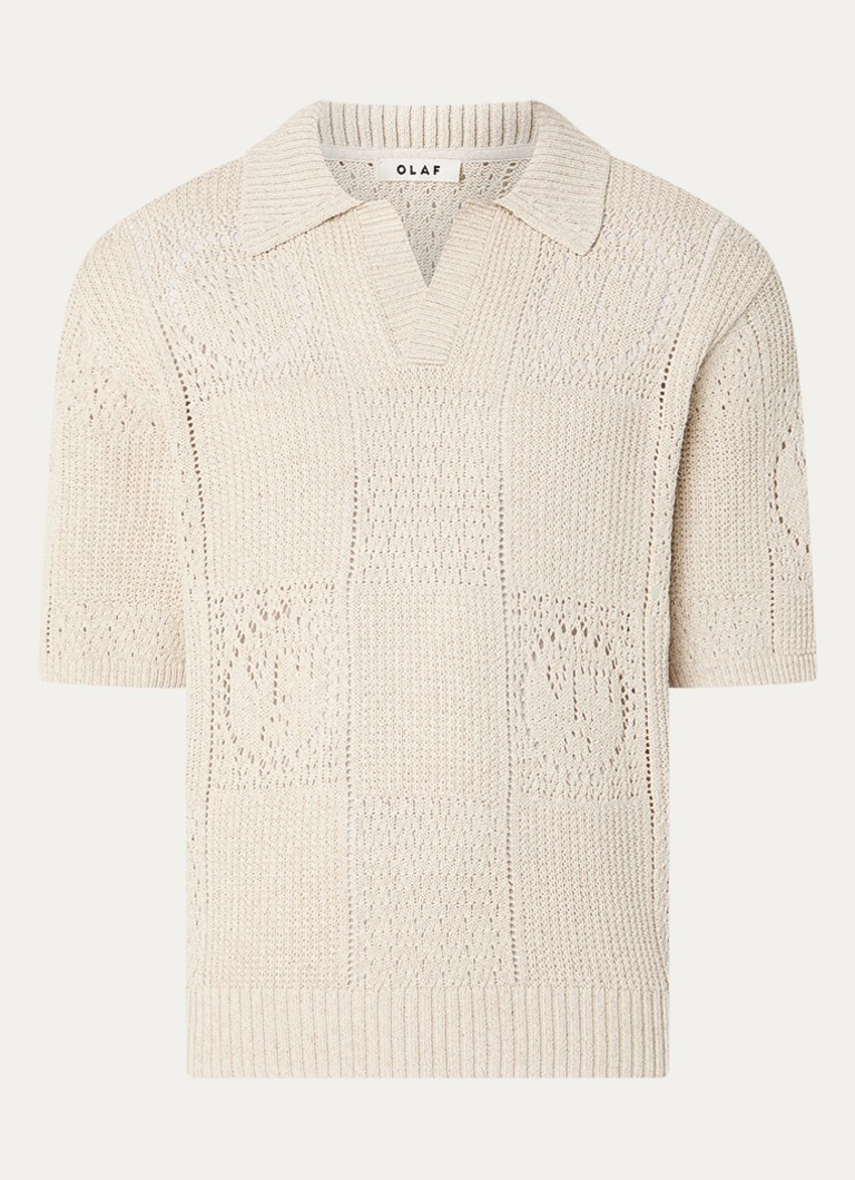 OLAF Heren Grofgebreide regular fit polo in linnenblend met opengewerkt dessin in de kleur Beige, maat: S