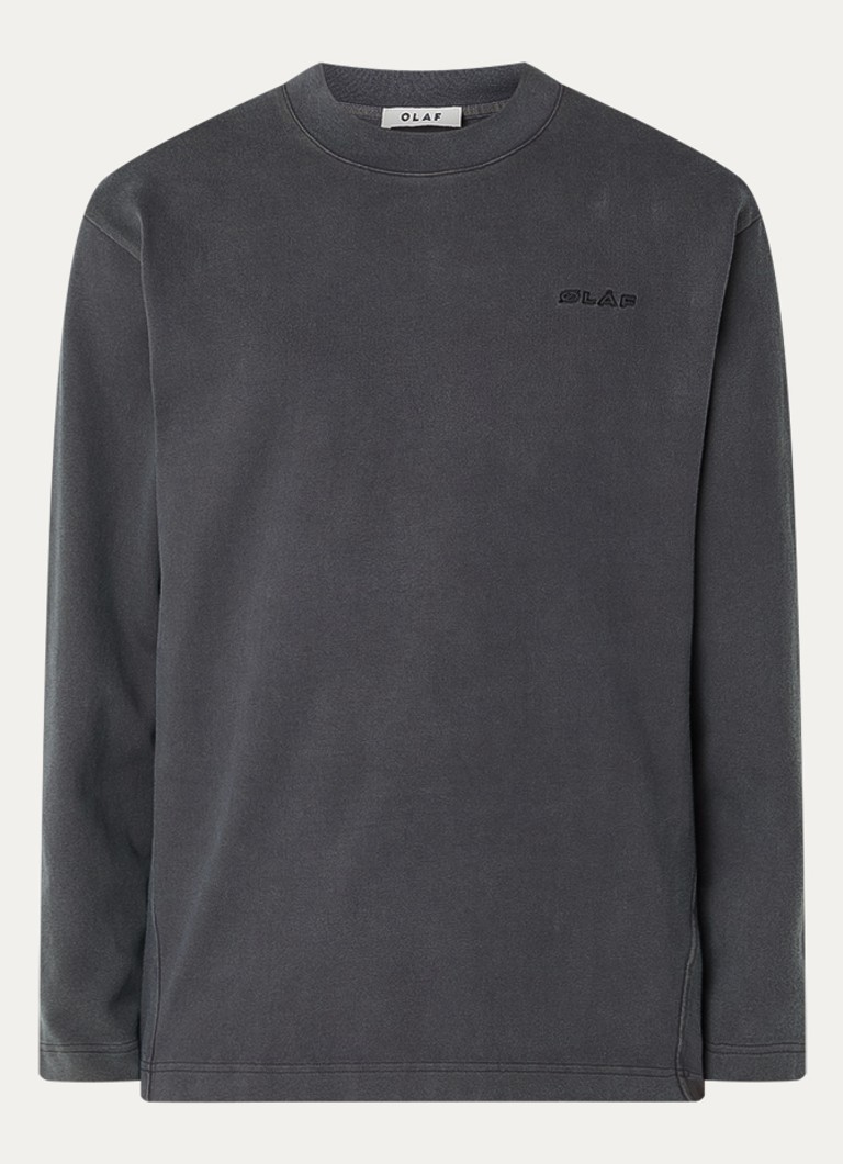 OLAF Heren Longsleeve met logo en verwassen afwerking in de kleur Antraciet, maat: L