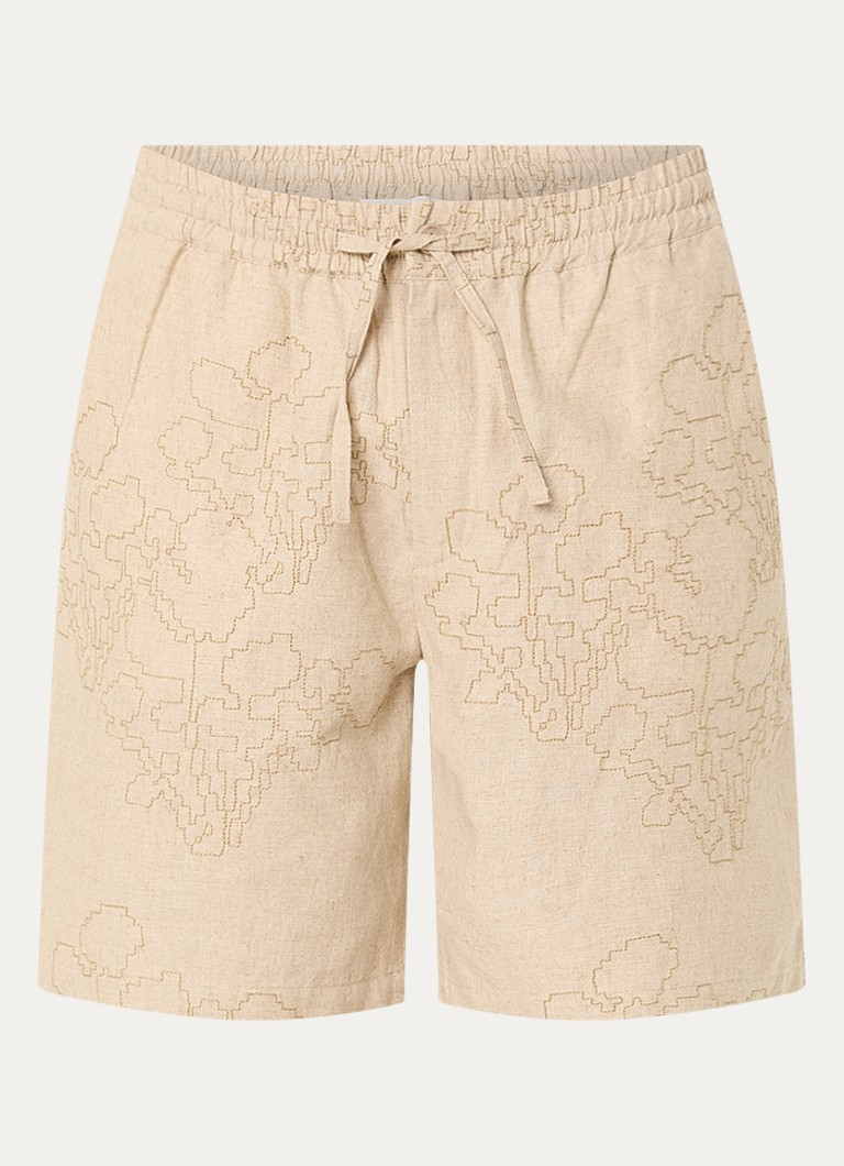 OLAF Heren Straight fit korte broek in linnenblend met borduring in de kleur Beige, maat: S