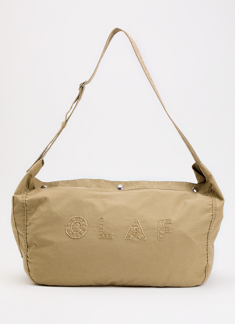 OLAF Dames Herringbone Newspaperbag schoudertas met logo patchwork in de kleur Camel, maat: OS