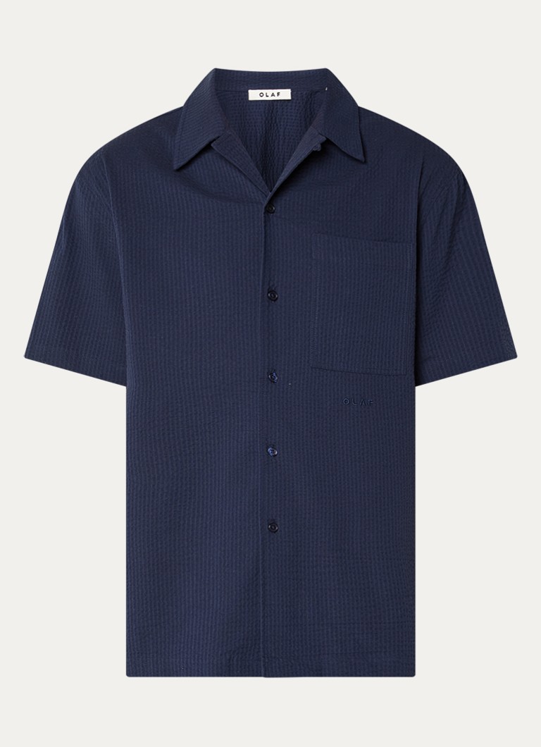 OLAF Heren Overhemd met streepprint en borstzak in de kleur Donkerblauw, maat: S