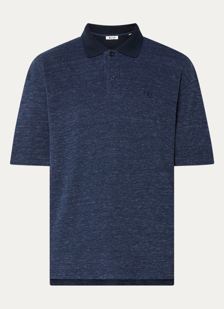 OLAF Heren Polo van piqué katoen met logoborduring in de kleur Donkerblauw, maat: S