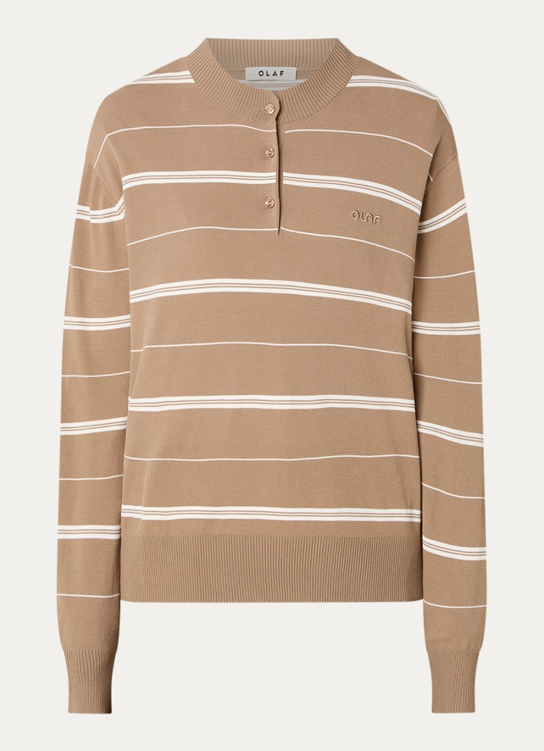 OLAF Dames Pullover met streepprint en logoborduring in de kleur Lichtbruin, maat: L