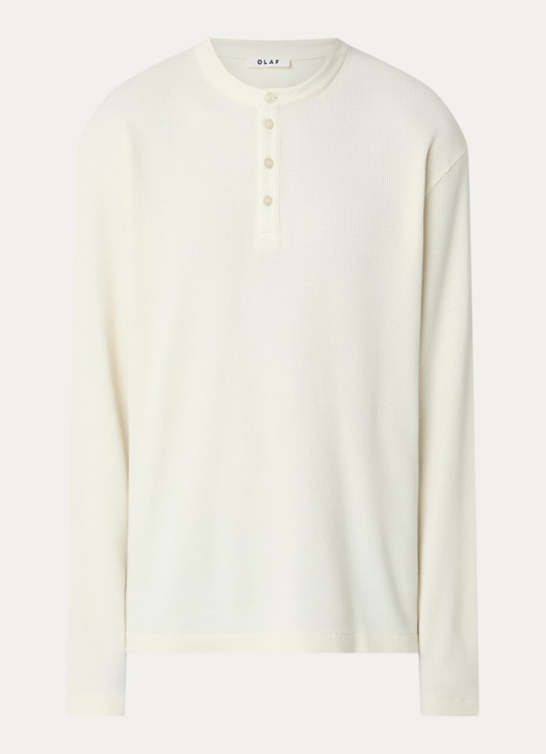 OLAF Heren Waffle Henley long sleeve met structuur in de kleur Gebroken wit, maat: M