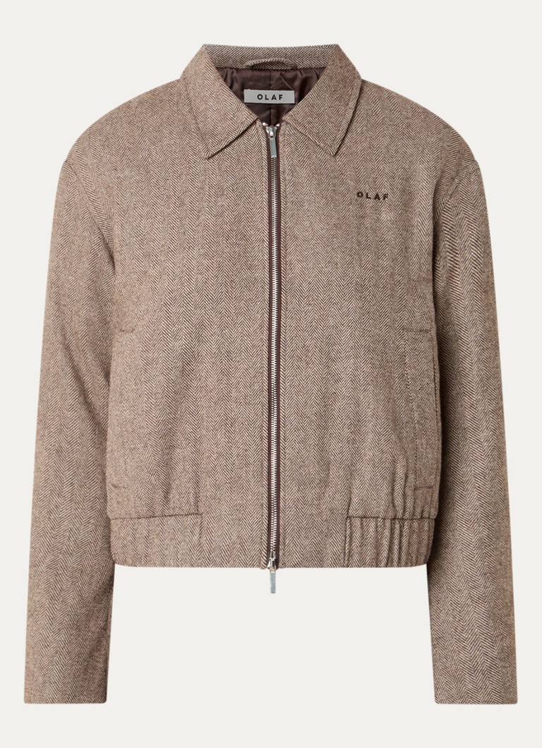 OLAF Dames Jack van wol met visgraat dessin in de kleur Taupe, maat: L