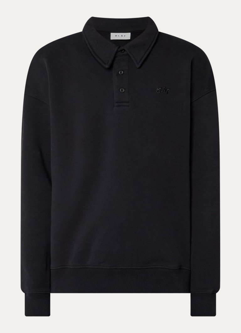 OLAF Heren Signature sweater met polokraag en logoborduring in de kleur Zwart, maat: L