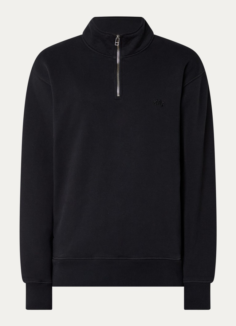OLAF Heren Sweater met halve rits en logoborduring in de kleur Zwart, maat: XL