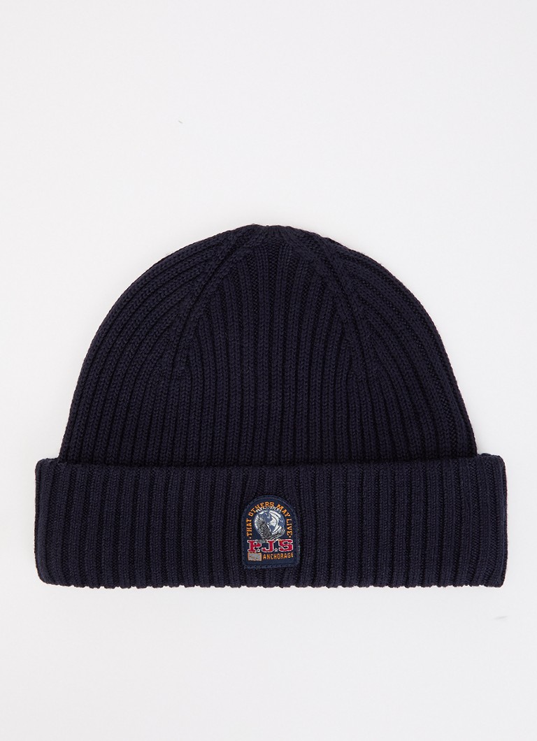 Parajumpers Heren Matio ribgebreide muts in merino wolblend met logo in de kleur Donkerblauw, maat: L/XL